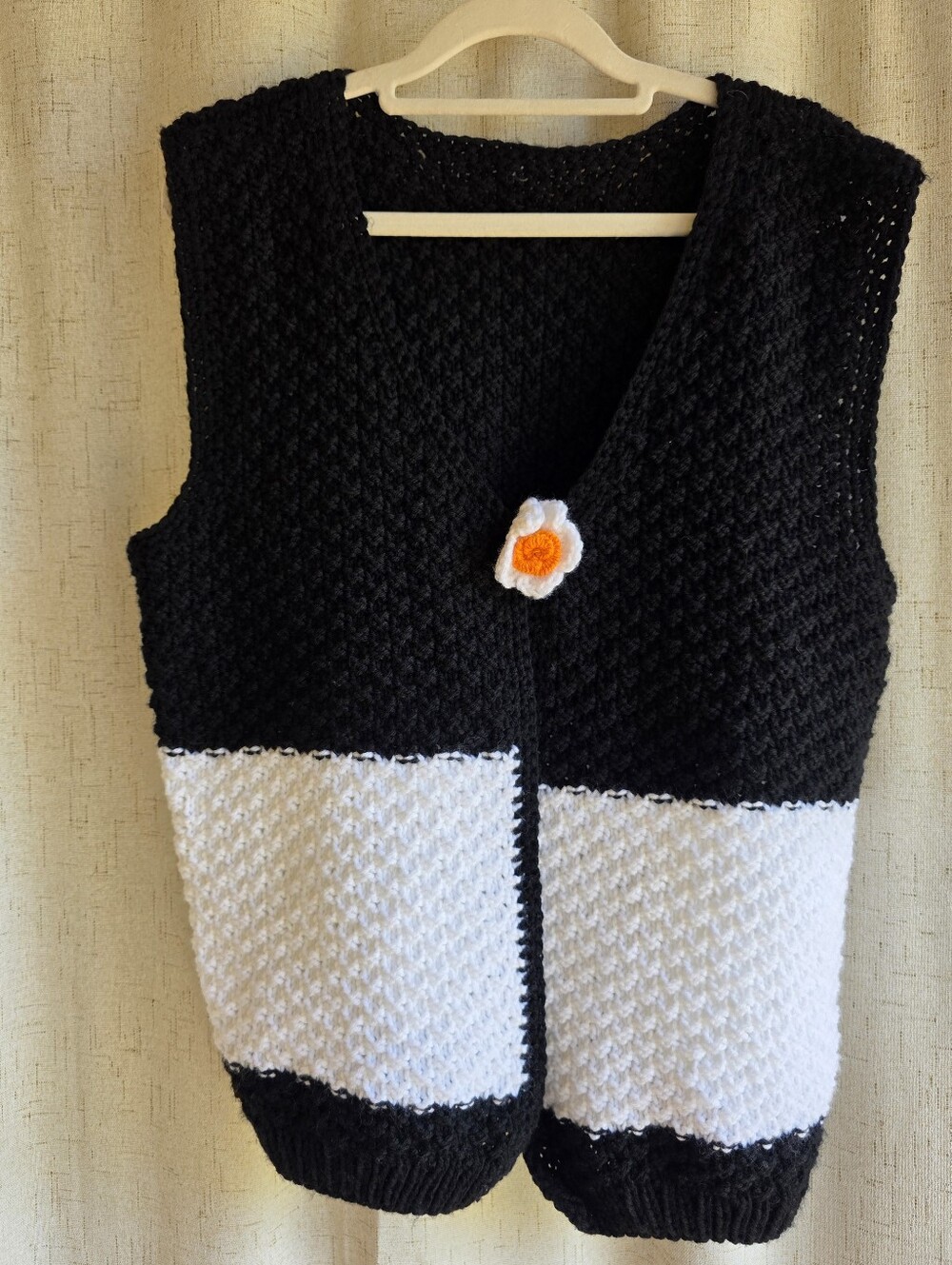 Perfect Fall Handmade Crochet Black and White Boxy Vest with Flower Accent